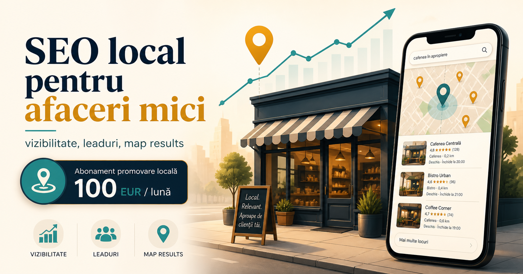 SEO local pentru o afacere de cartier: cum folosesc recenziile și harta un abonament de promovare locală de 100 EUR